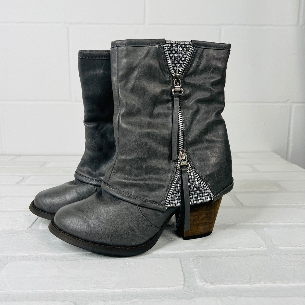 Womens Grey Slouchy Mid Calf Boots Rhinestone Zipper Detail Block Heel 6